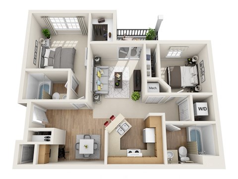 Floor plan for 2 beds, 2 baths, 1036 sqft
